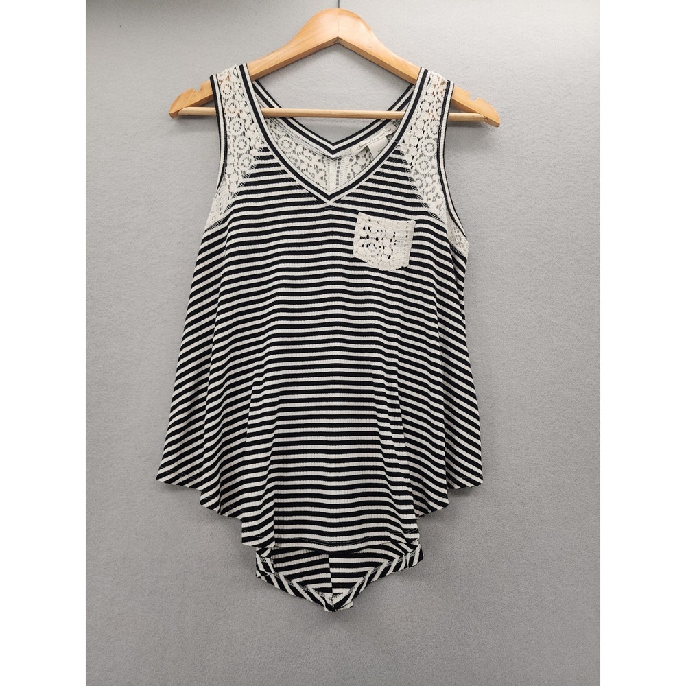 American Rag Womens Small Black White Striped Lace Tank Top High Low Boho V-Neck